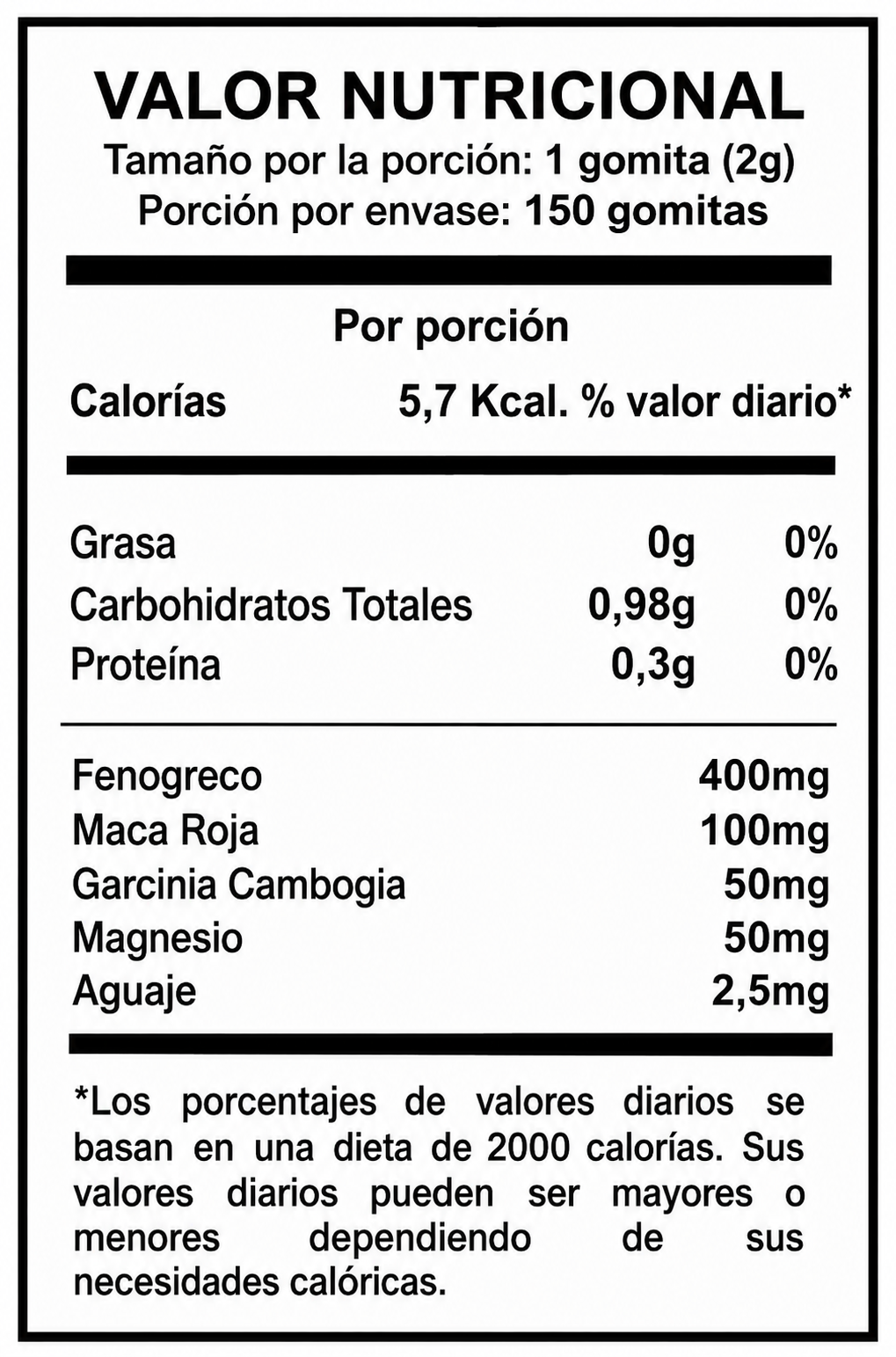 Gomitas Aguaje Beauty | Piel, cabello y uñas - tabla valor nutricional