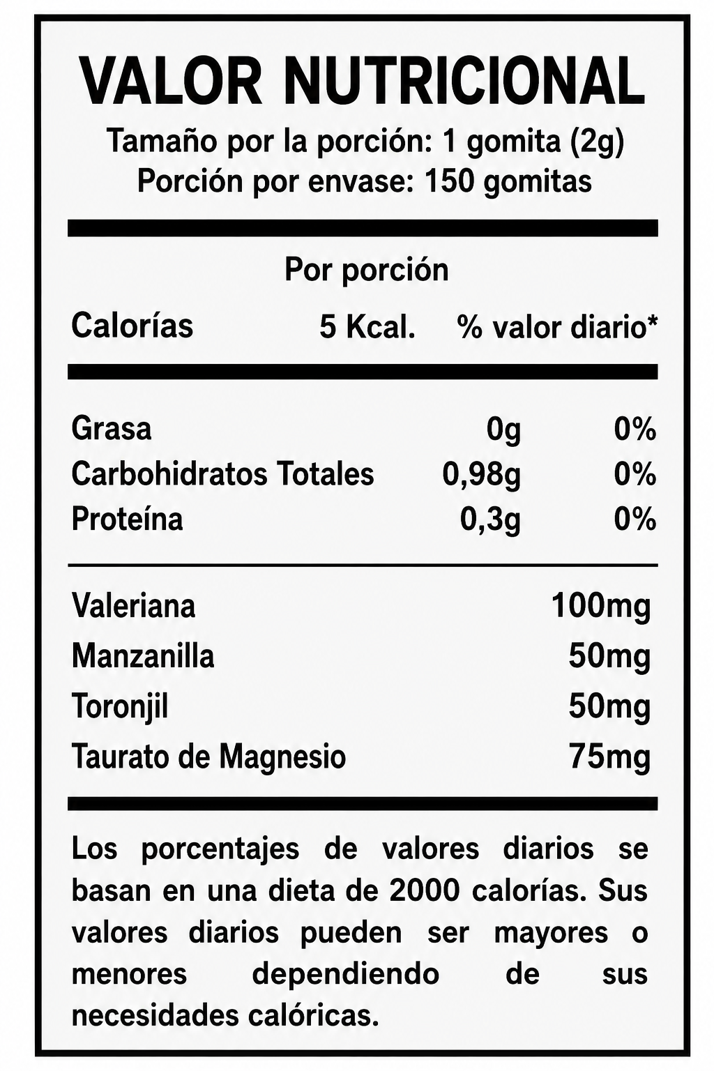Gomitas Dulce Sueños | Valeriana, manzanilla, toronjil y magnesio - tabla valor nutricional