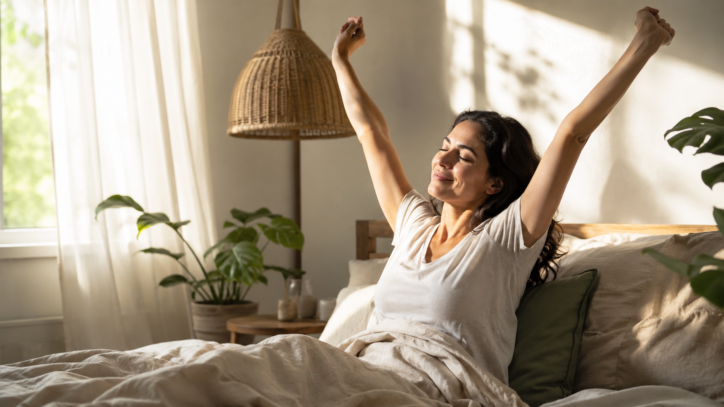 Mujer despertando feliz descansada con Cortisol Calm kalmavit resultado