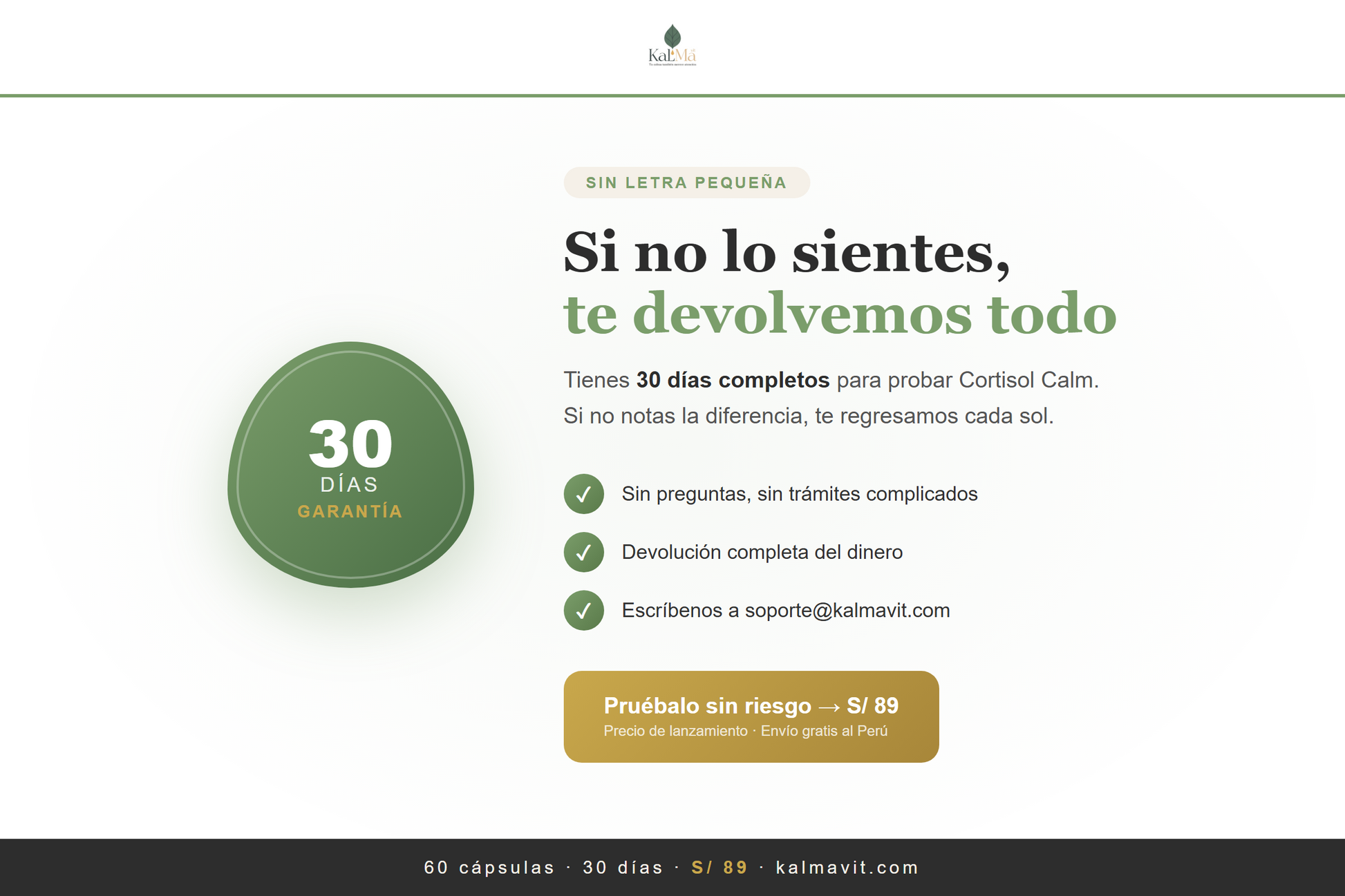Garantia 30 dias devolucion dinero Cortisol Calm kalmavit compra segura peru