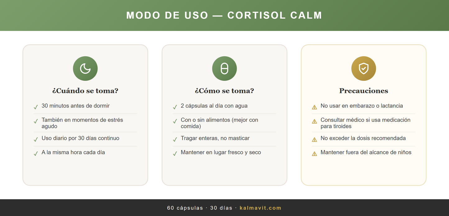 Como tomar Cortisol Calm modo de uso 2 capsulas diarias kalmavit peru