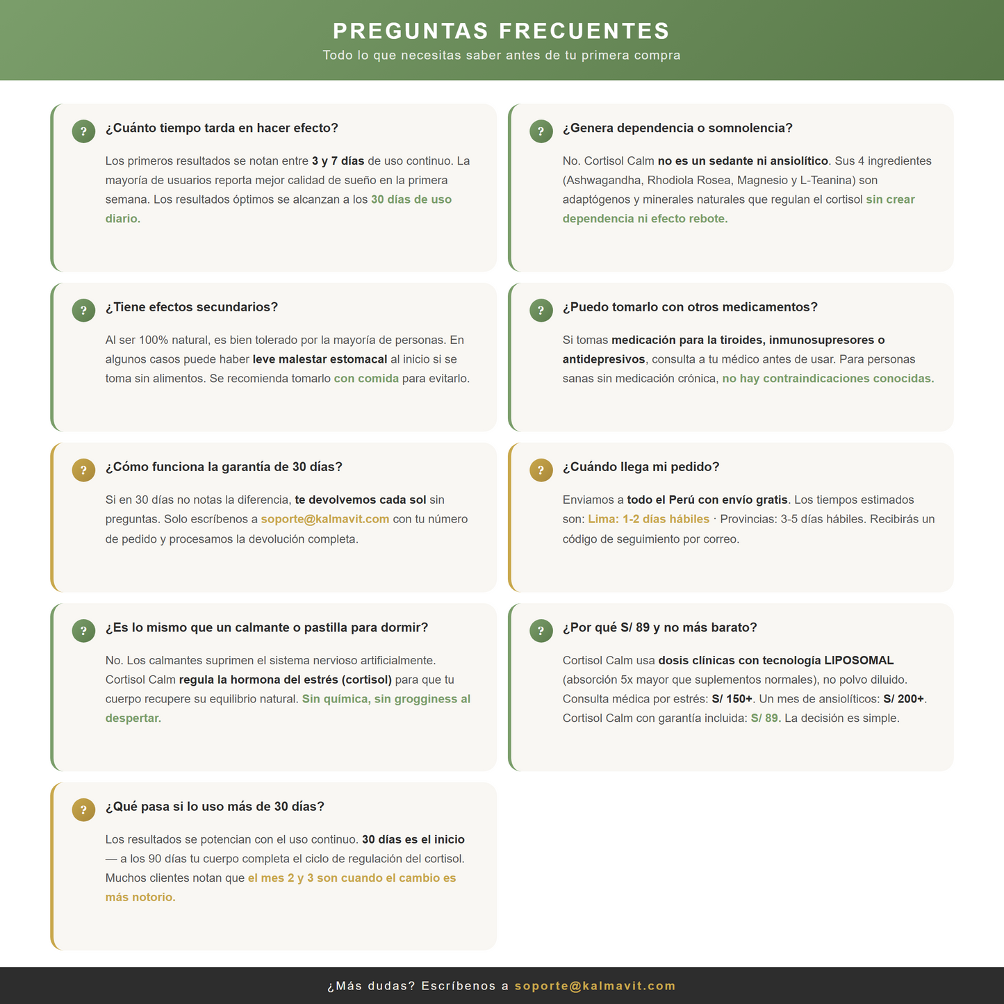 Preguntas frecuentes Cortisol Calm ingredientes garantia envio kalmavit peru
