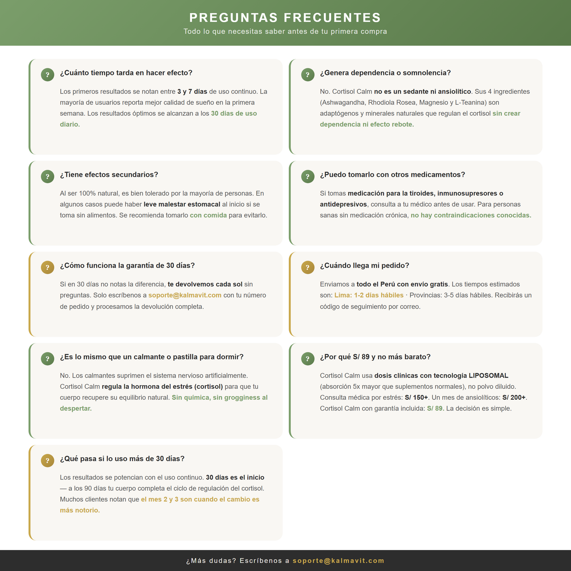 Preguntas frecuentes Cortisol Calm ingredientes garantia envio kalmavit peru