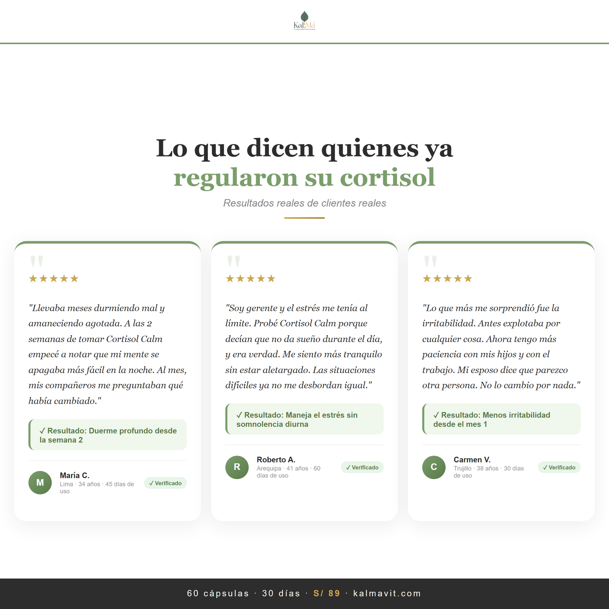 Testimonios reales clientes Cortisol Calm kalmavit peru 5 estrellas