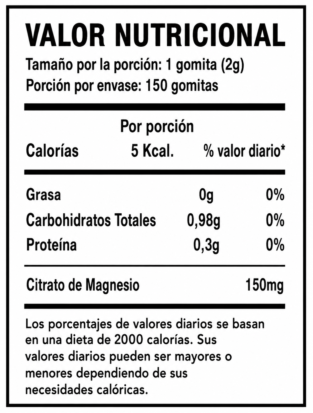 Gomitas de Citrato de Magnesio | Relajación y bienestar muscular - tabla valor nutricional