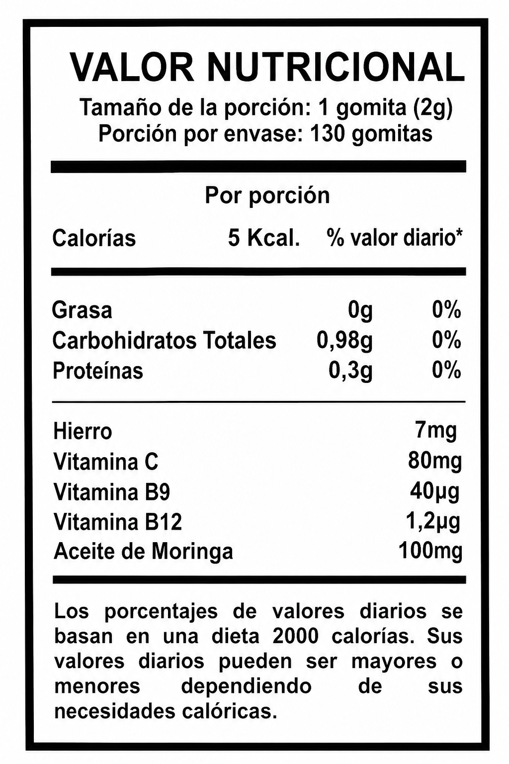 Gomitas de Hierro | Con vitamina C, B9 y B12 - tabla valor nutricional