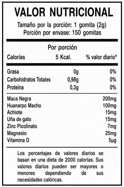 Gomitas de Maca Negra | Con huanarpo macho y vitamina D - tabla valor nutricional