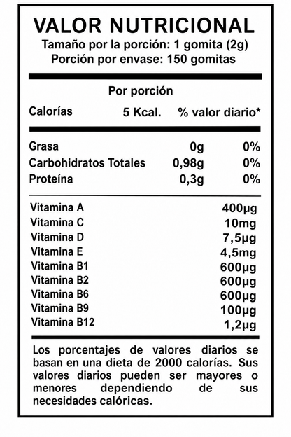 Gomitas Multivitaminas | Vitaminas A, B, C, D y E - tabla valor nutricional