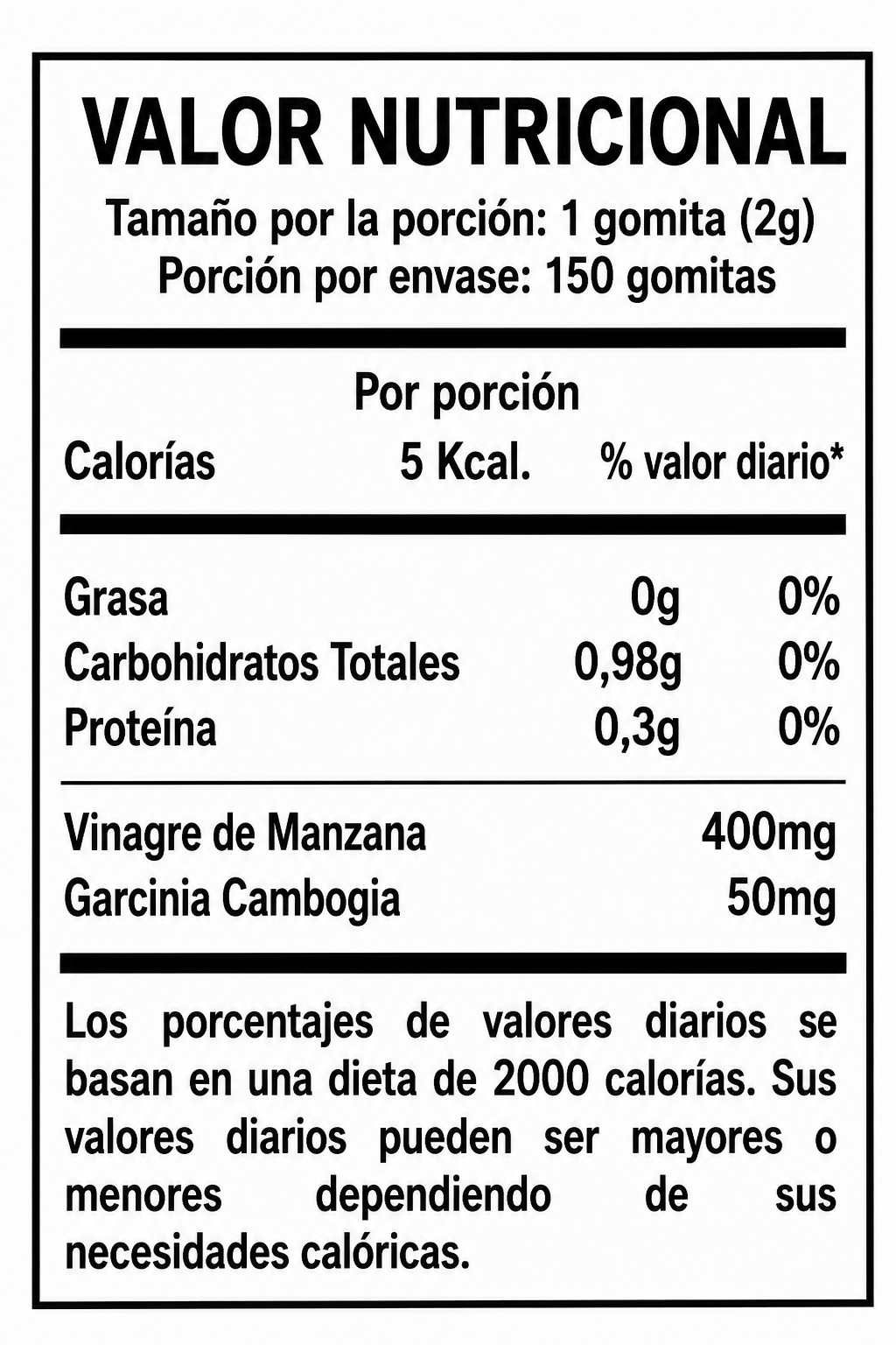 Gomitas de Vinagre de Manzana | Con garcinia cambogia - tabla valor nutricional