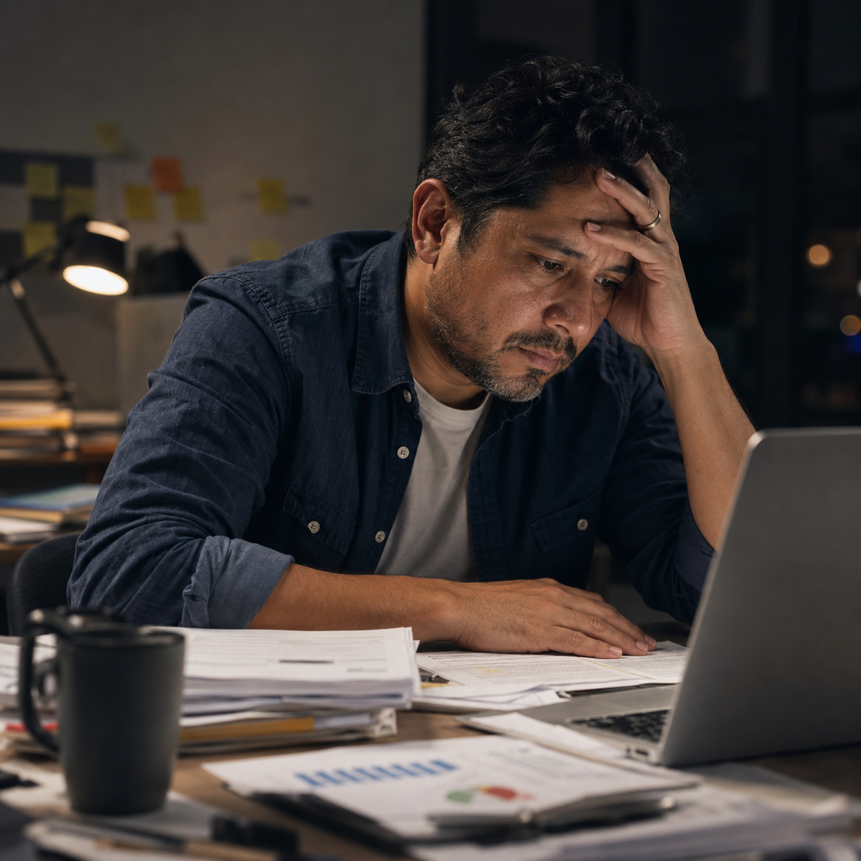 Hombre estresado agotado por cortisol alto antes de tomar Cortisol Calm kalmavit
