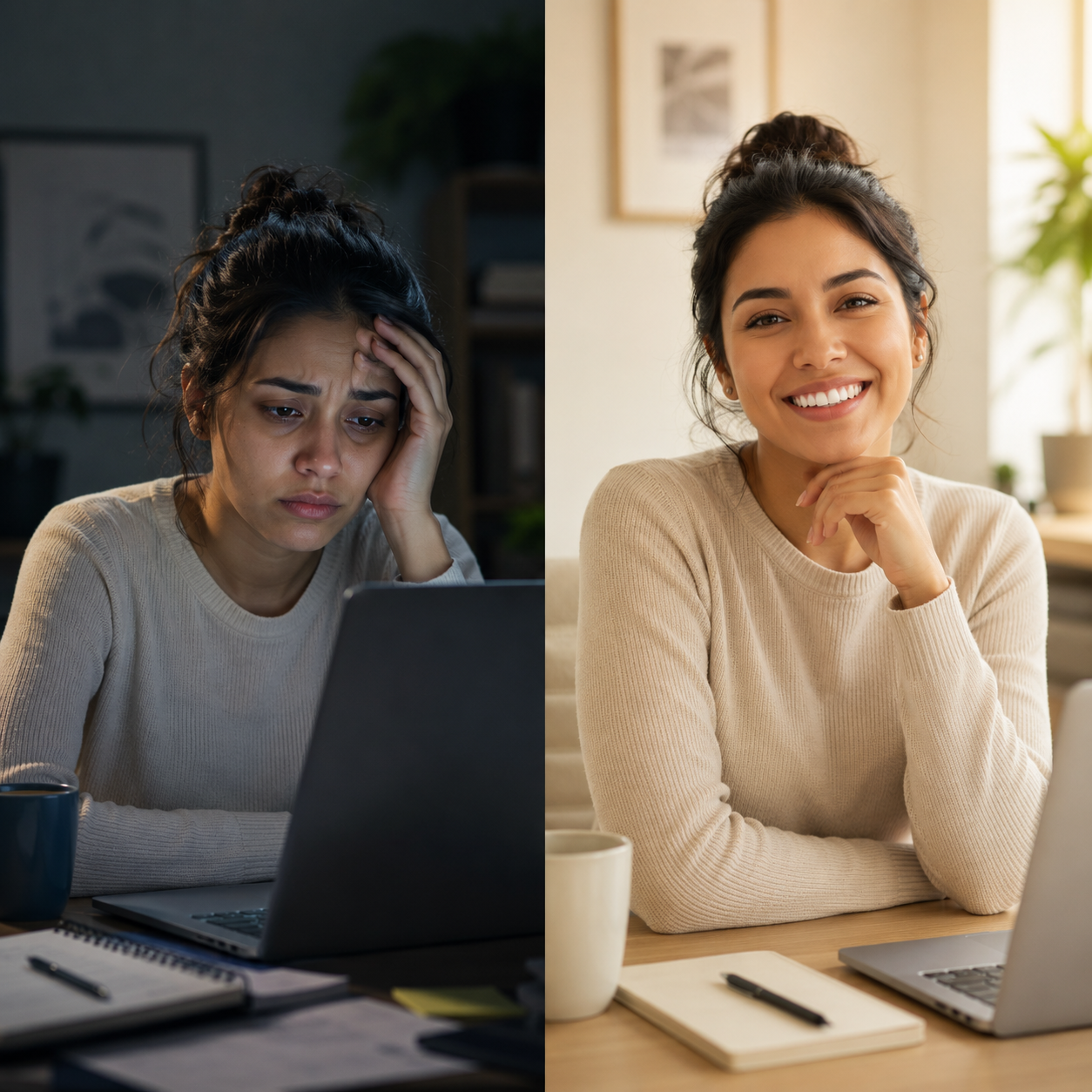 Mujer antes y despues de regular el cortisol con Cortisol Calm kalmavit resultado